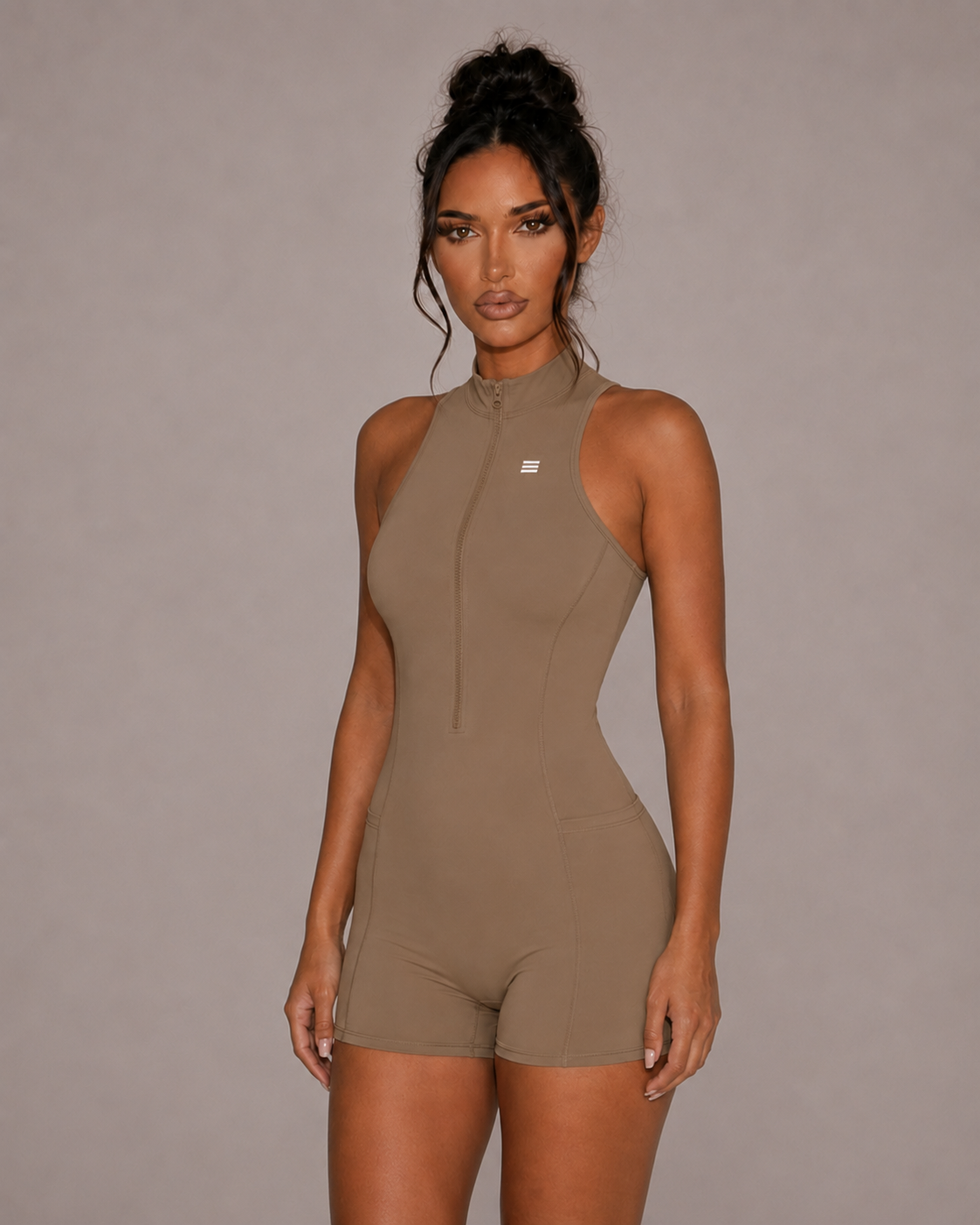 Essential quarter zip playsuit in khaki