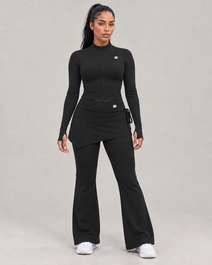 Black High-Waisted Flared Leggings with Wrap Skirt