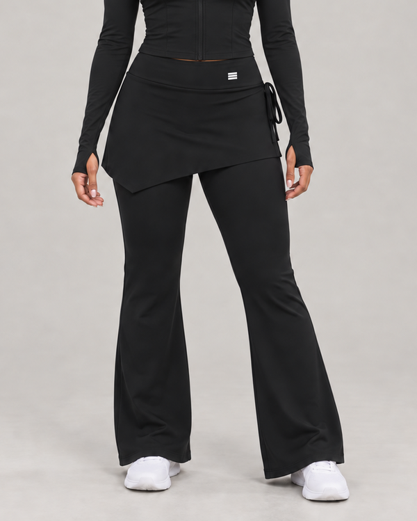 Black High-Waisted Flared Leggings with Wrap Skirt