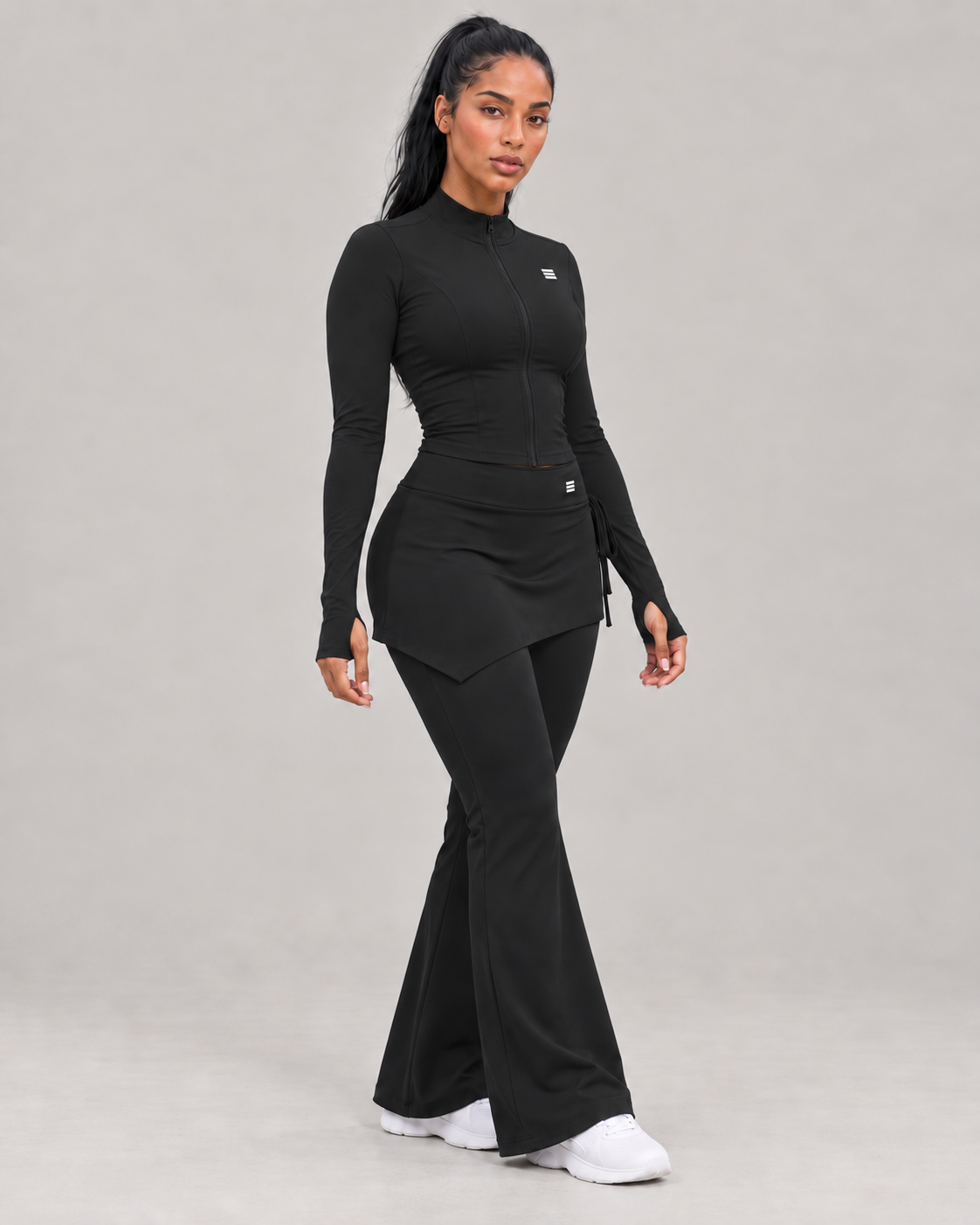 Black High-Waisted Flared Leggings with Wrap Skirt