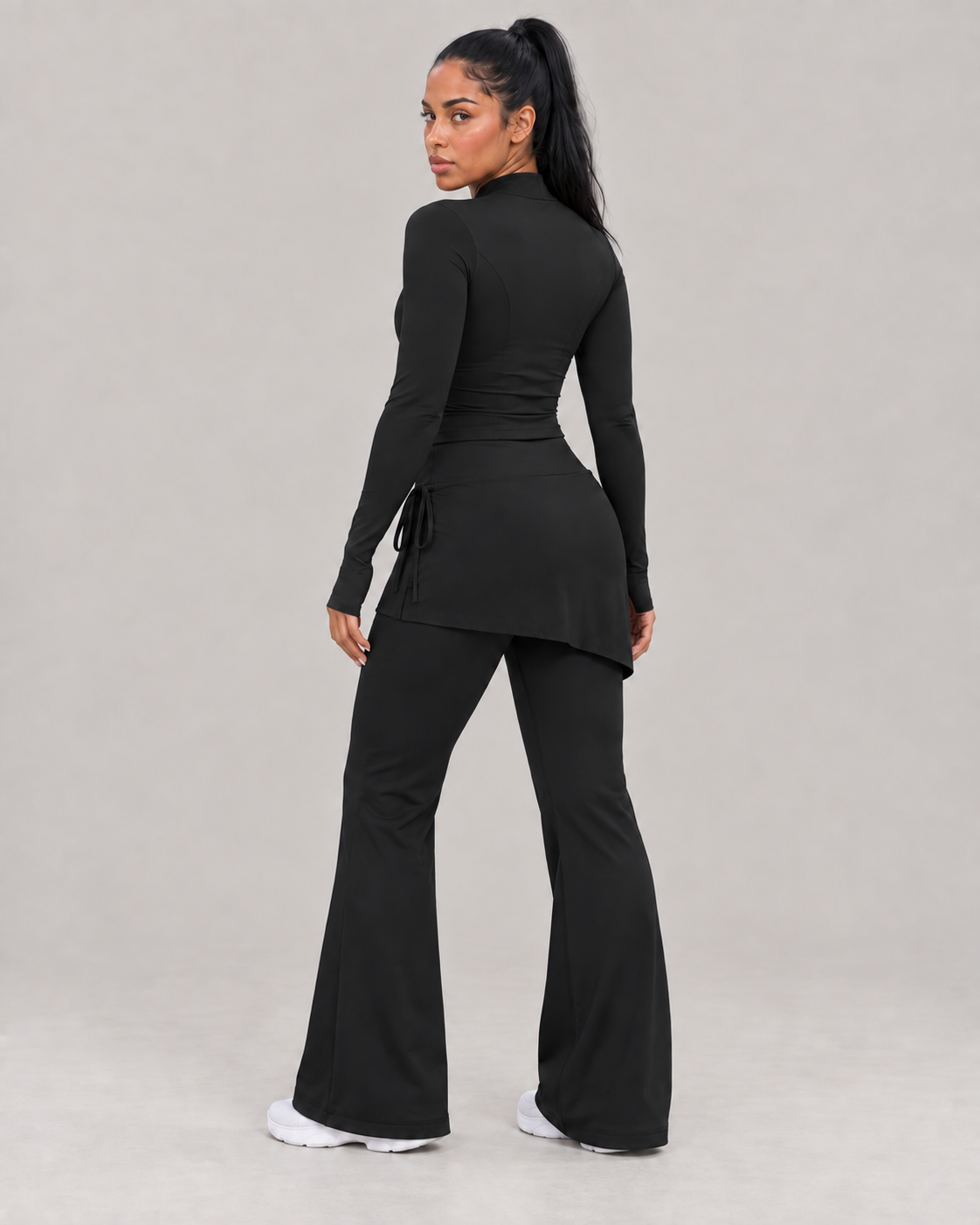 Black High-Waisted Flared Leggings with Wrap Skirt