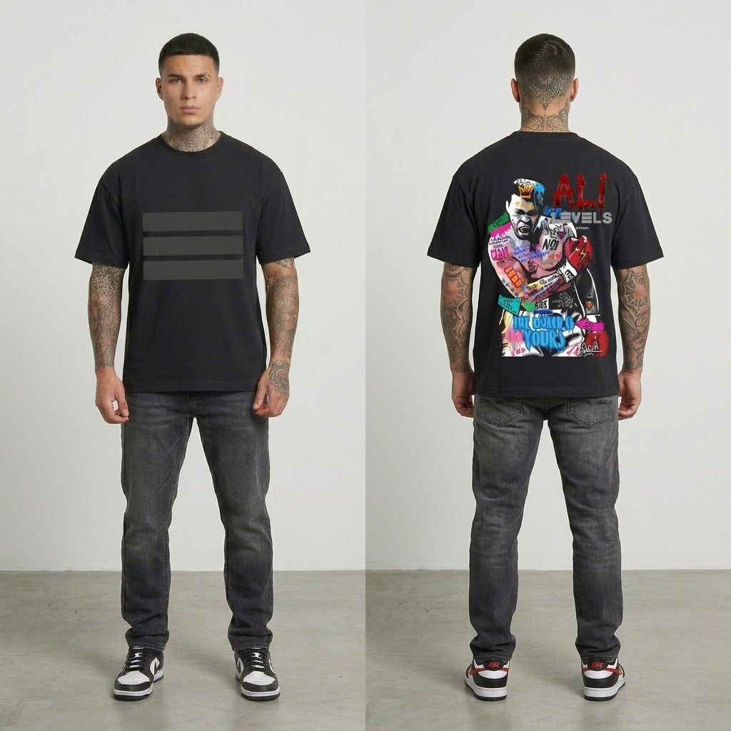 Person wearing a black t-shirt with a graphic design of Muhammad Ali on the back, standing against a plain background.