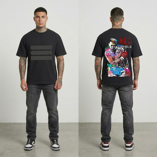Person wearing a black t-shirt with a graphic design of Muhammad Ali on the back, standing against a plain background.